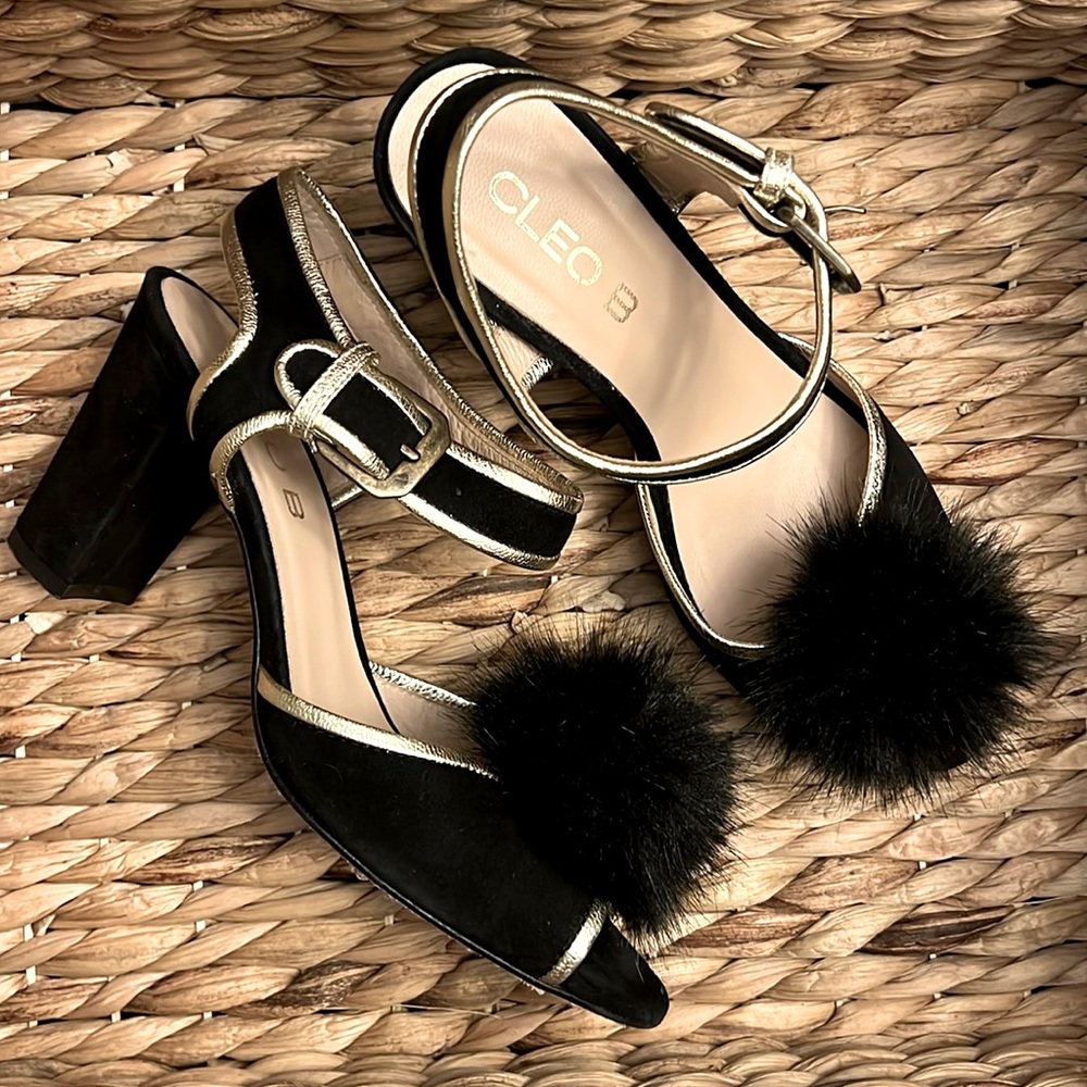 Cleo B Velvet Black/Gold Pompom Heels - Size 37